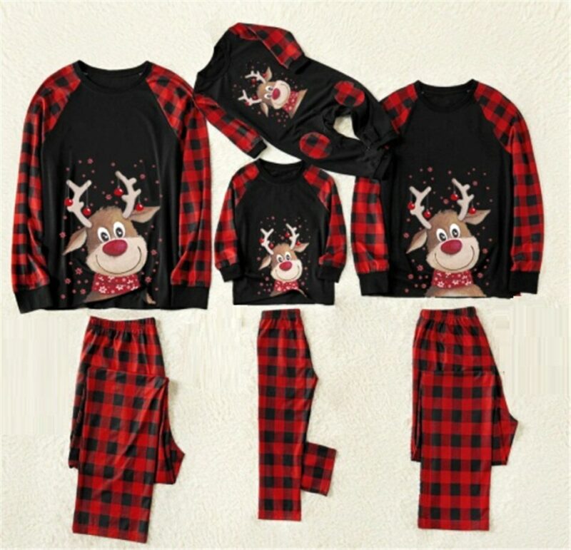 Pyjama de Noel Famille Noir Manches Longues et Pantalon à Carreaux de Buffle Rouge 1