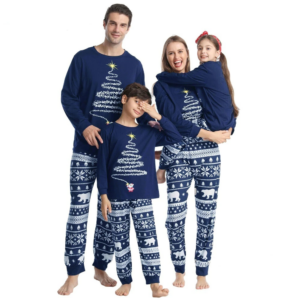 Pyjama de Noel Famille Ensemble Bleu Coton