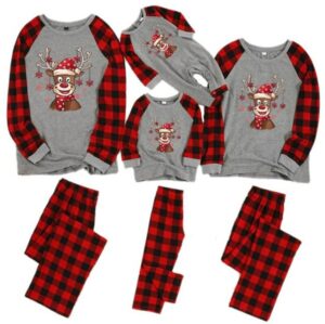 Pyjama de Noel Famille Gris Manches et Pantalon à Carreaux de Buffle Rouge 1